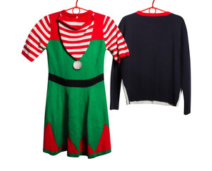 Back view of traditional Christmas elf costumes: elf dress and sweater, isolated
