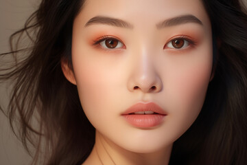 Obraz premium Close up portrait of beautiful young Asian woman with peach fuzz lips and eyeshadows