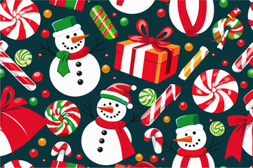 Vector christmas pattern with cartoon funny
snowman in red hat of santa claus and scarf, 
candies, lollipop, gift
on green background. 2024 New Year fashion
ornament for fabric, paper, textiles, card.