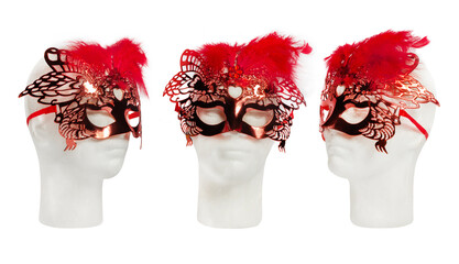 Red carnival or theatrical mask on mannequin head, 3 views, isolated. Clothing and accessories for Christmas or other holidays.