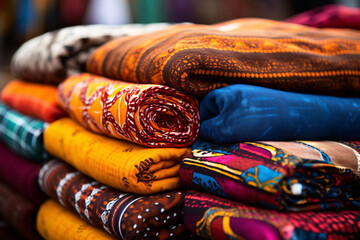 Close-up image of colorful African textiles and fabrics in a local market. Intricate patterns,...