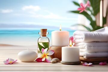 Obraz na płótnie Canvas Spa treatment aromatherapy with candles, Stones and flowers for relax wellness.