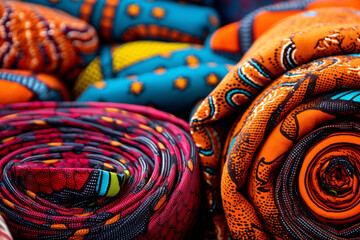 Close-up image of colorful African textiles and fabrics in a local market. Intricate patterns, textures and rich colors