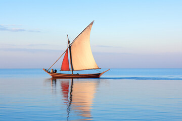 Obraz premium Traditional dhow boat sailing on the calm waters of the Indian Ocean along the East African coast