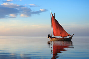 Traditional dhow boat sailing on the calm waters of the Indian Ocean along the East African coast - obrazy, fototapety, plakaty