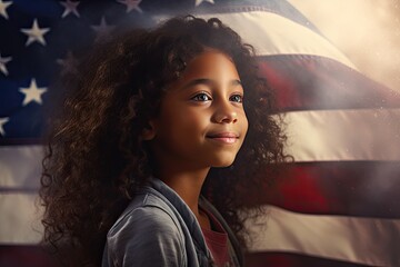 Portrait of a little black girl smiling against the background of the American flag