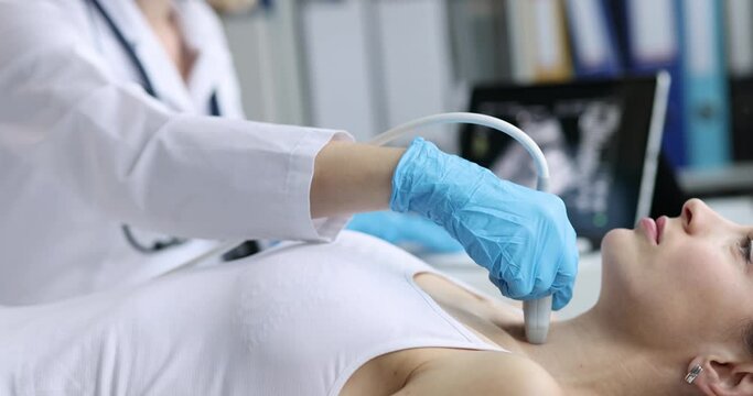Doctor performs an ultrasound of thyroid gland in clinic. Thyroid disease concept
