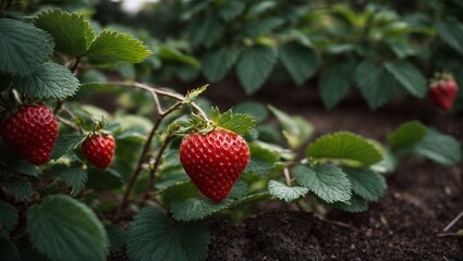 Close-Up of Strawberry Plant with Luscious Red Berries
