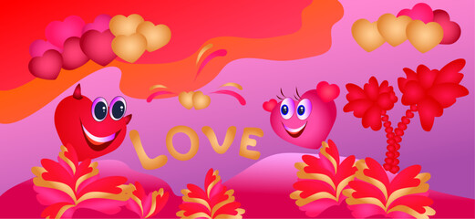 Fototapeta na wymiar Colored 3d illustration of love with hearts. Cartoon style. Postcard, poster print, decor, vector illustration