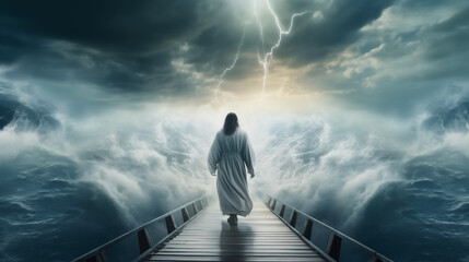 Jesus walking on water across the stormy sea, illustrating a powerful biblical theme concept. - obrazy, fototapety, plakaty