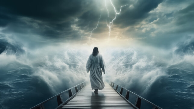Jesus walking on water across the stormy sea, illustrating a powerful biblical theme concept.