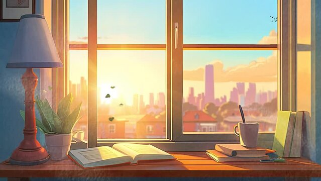 reading book and cup of coffee on the window with snowfall in the winter with cartoon or anime style. seamless looping time-lapse virtual 4k video animation background.