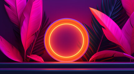 Neon abstract background with copy space. Neon leaves with an orange circle in the middle. 