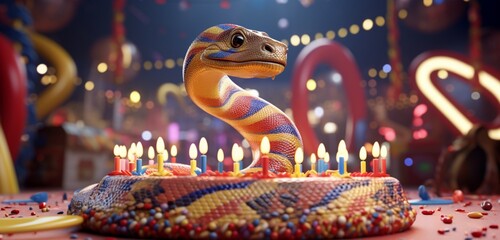 An exuberant snake slithering around birthday decorations, celebrating joyfully. - obrazy, fototapety, plakaty