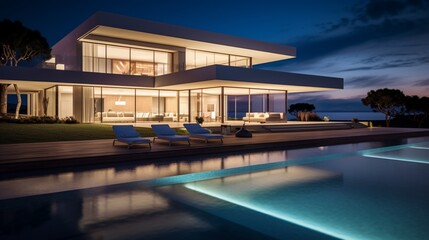 Evening shot of a sleek modern villa facade illuminated with ambient lights, highlighting its glass architecture and adjacent infinity pool.