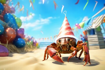 Obraz na płótnie Canvas A mirthful hermit crab with a birthday hat, partaking in the lively celebration. Copy space.