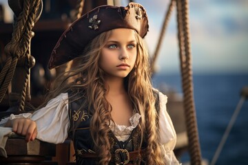 pirate girl aboard a pirate ship - obrazy, fototapety, plakaty