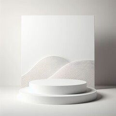 A minimalist white pedestal, set against a white background adorned with a subtle white wave pattern.
