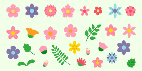 Flower set with flowers, leaves, plants, bouquet illustration in vector flat style.