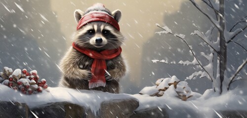 A mischievous raccoon, wearing a snug winter coat and a stylish red stocking cap, plays amidst the snow-covered rocks in a whimsical woodland. Snow-covered and dressed in winter coat and stocking cap.