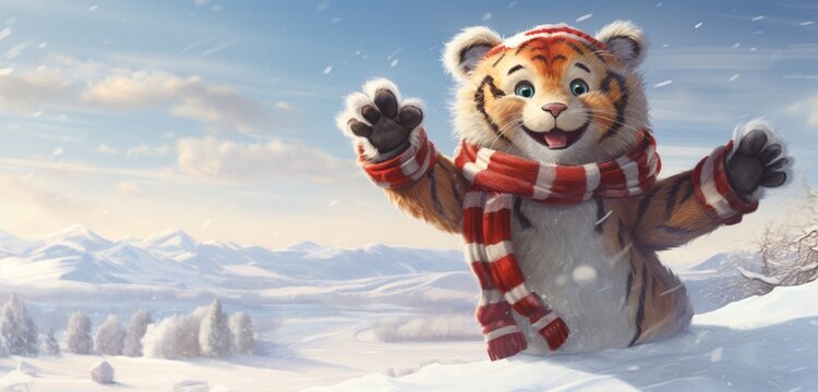 A playful depiction of a tiger with an amusingly large hat, joyfully scooting through a snowy landscape, dressed in a cozy winter coat and a red stocking cap, 