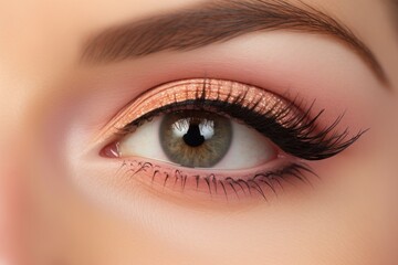Obraz premium Beautiful macro shot of female green eye make up with peach fuzz eyeshadows