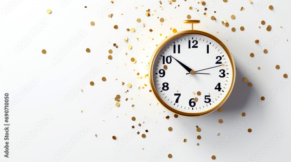 Wall mural golden clock on white background with gold confetti. new year celebration.