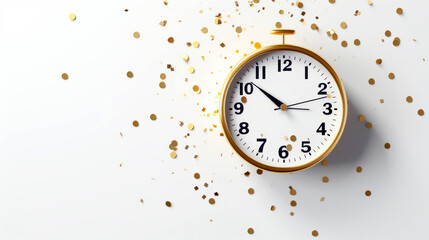 golden clock on white background with gold confetti. new year celebration. 