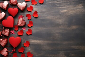 Valentines day concept with red hearts on wooden background banner abstract Copy space