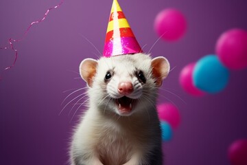 A jubilant ferret donning a birthday hat, adding to the birthday festivities. Copy space on solid background.