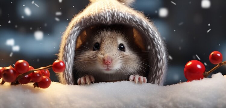 A tiny mouse, in a trendy winter coat and an adorable red stocking cap, peeks out from a snow