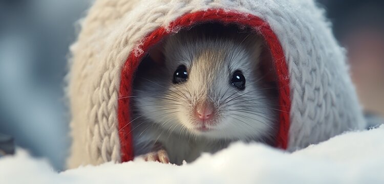 A tiny mouse, in a trendy winter coat and an adorable red stocking cap, peeks out from a snow-covered hideout, 