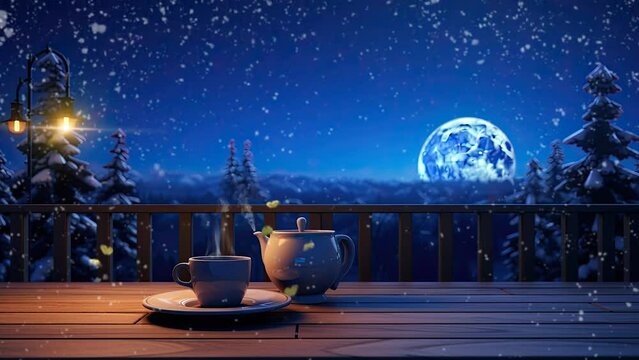 coffee glass on the table in balcony with a snowfall. cartoon or anime style. seamless looping time-lapse virtual 4k video animation background.