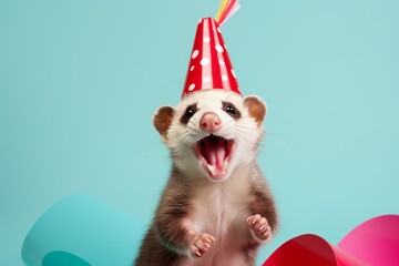 Fototapeta na wymiar A jubilant ferret with a party hat, adding to the birthday festivities. Copy space on solid background.