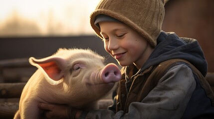 heartwarming scene of a farmer inside a pig farm, tenderly petting the pigs. Perfect for promoting the compassionate connection between caretakers and animals.