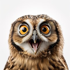 Fototapeta premium Close up portrait surprised owl with wide opened eyes isolated on white background