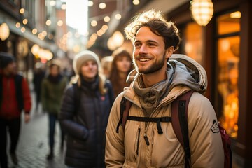 Obraz premium A beaming young traveler enjoys a vibrant city atmosphere