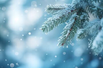 Fir tree branches covered with snow in winter forest