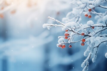 Tree branches with orange berries covered with snow in winter forest on a blurred winter forest background