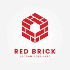 red brick, pile and stack balance bricks with polygon logo vector illustration design template product