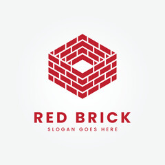 red brick, pile and stack balance bricks with polygon logo vector illustration design template product