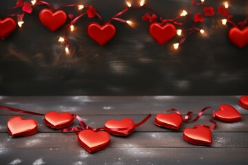 Valentines day concept with red hearts on wooden background banner abstract Copy space - obrazy, fototapety, plakaty
