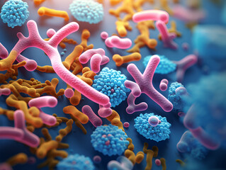 macro view of healthy gut bacteria and microbes - obrazy, fototapety, plakaty