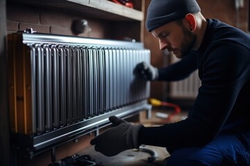 Man is repairing radiator battery in the room