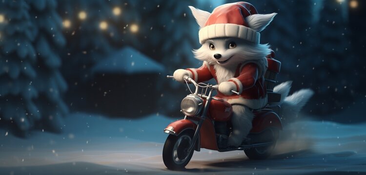 An adorable scene of a scooter-riding wolf with a whimsically larger hat, 