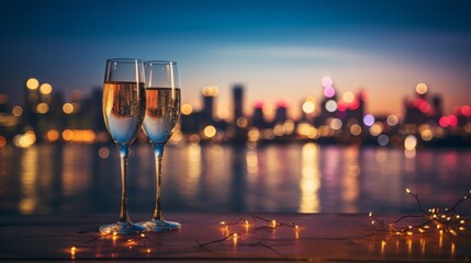 Two flute glasses with sparkling champagne against the beautiful romantic night city background with bokeh effect. Concept of Valentine's Day, 14th February, love, romance date. Mockup, copy space.