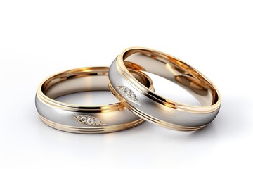 pair of two tone gold wedding ring with matte surface and diamonds on white glossy background