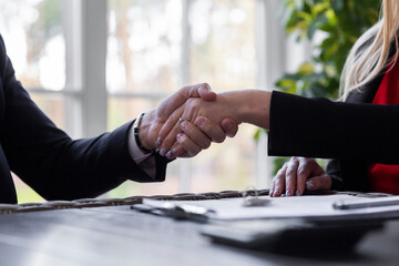 Estate agent and potential customer shaking hands conclude deal of residence sale. Realtor and...