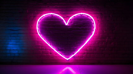 Neon heart on brick wall background. Valentine's Day concept.