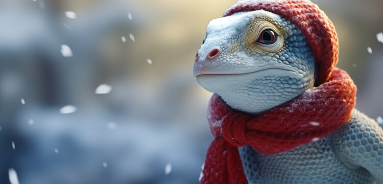 An adventurous lizard, in a tiny winter coat and an amusing red stocking cap,